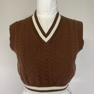 Aritzia Sunday Best Winston Cable Knit Sweater Vest Brown White Trim XS